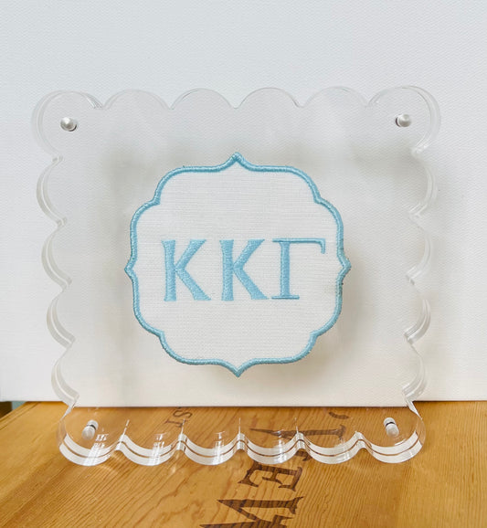 Embroidered Kappa Kappa Gamma on White Linen in Scalloped Acrylic Frame