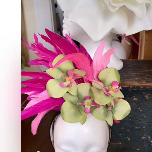 Green Orchid with Pink and Ivory Feathers