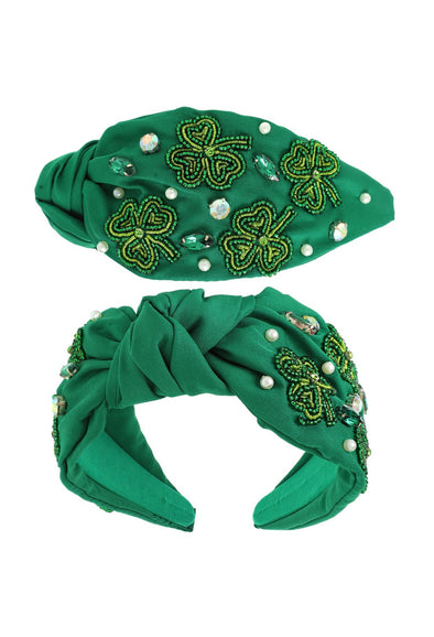 St. Patrick's Shamrock Green Beaded Knotted Headband