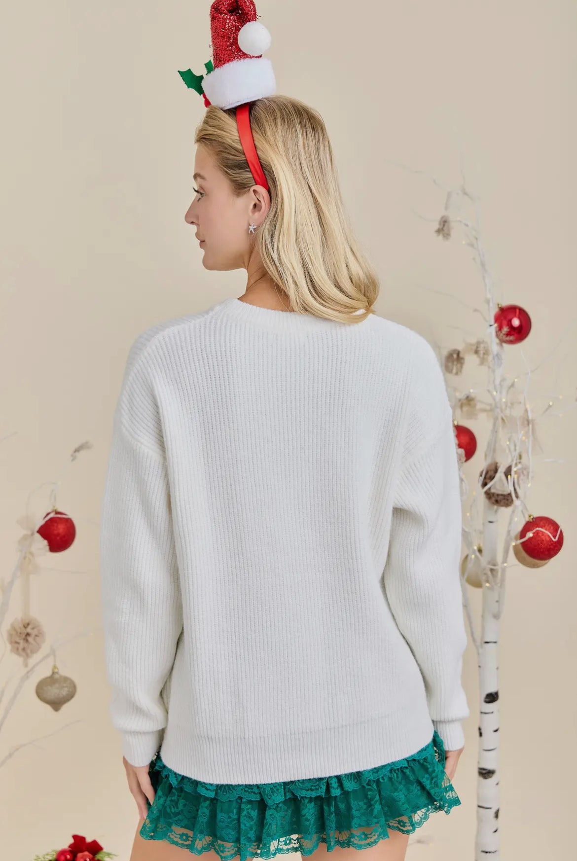 Merry Wreath Knit Sweater with Red Bow - Holiday Pullover