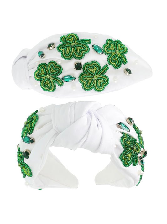 St. Patrick's Shamrock White Beaded Knotted Headband