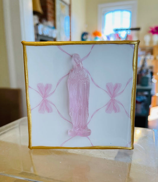 Light Pink Mother Mary with Pink Bows on 4x4 Canvas