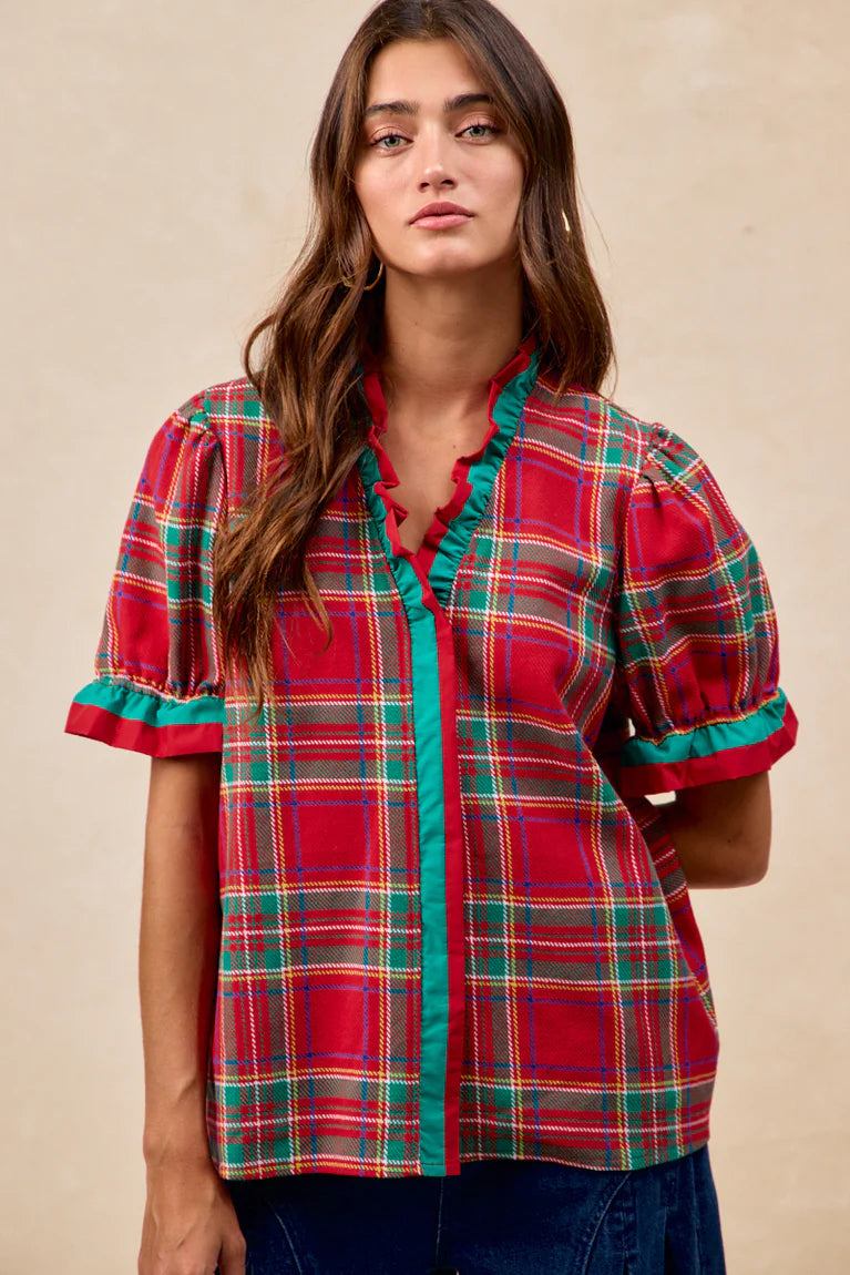 CHRISTMAS PLAID WOVEN
CONTRAST PUFF SLEEVES BLOUSE