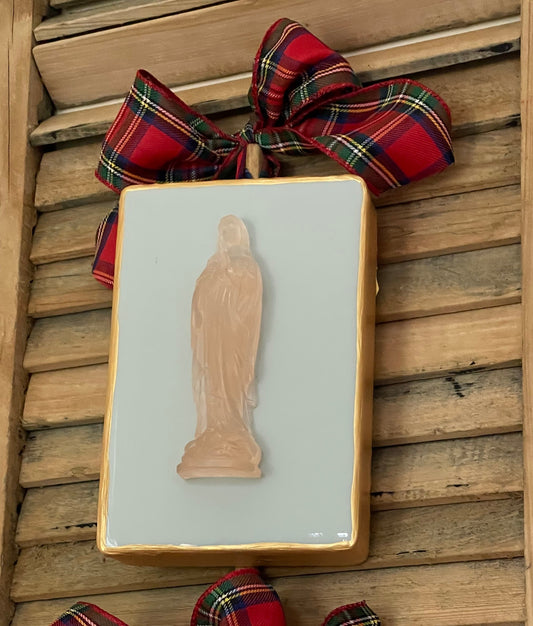 Gold Blessed Mother Mary on Duck Egg Wood Block