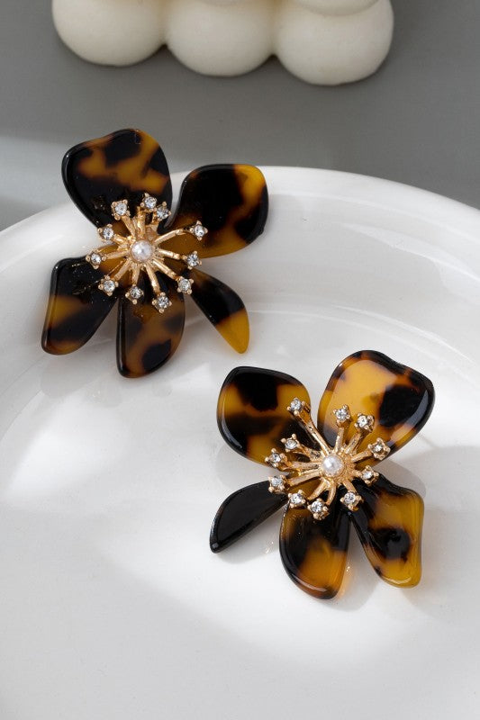 Floral Rhinestone Tort Stud Earrings