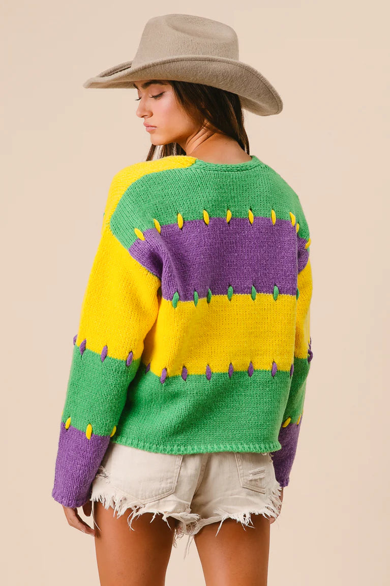 STITCH DETAIL MARDI GRAS STRIPES SWEATER