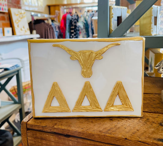 Delta Delta Delta with Gold Longhorn on 5x7 White Canvas