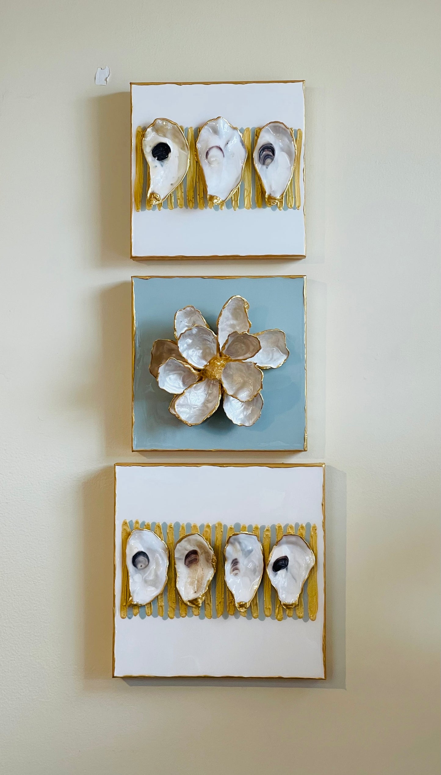 Three Oyster on Duckegg & Gold Strips on 10x10 Canvas