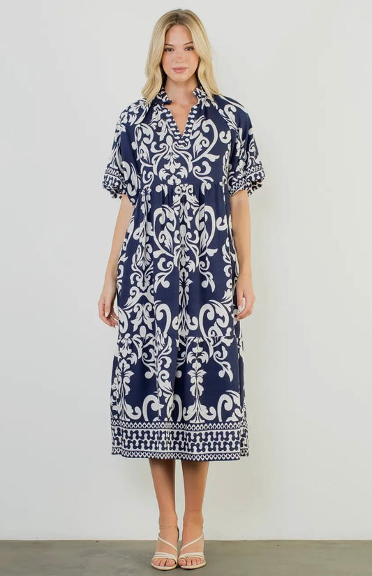 Puff Sleeve Print Midi Dress