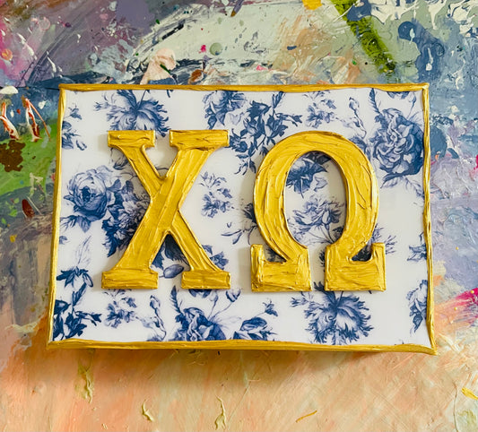 Chi Omega Gold Letters on Blue Floral  5x7 Canvas