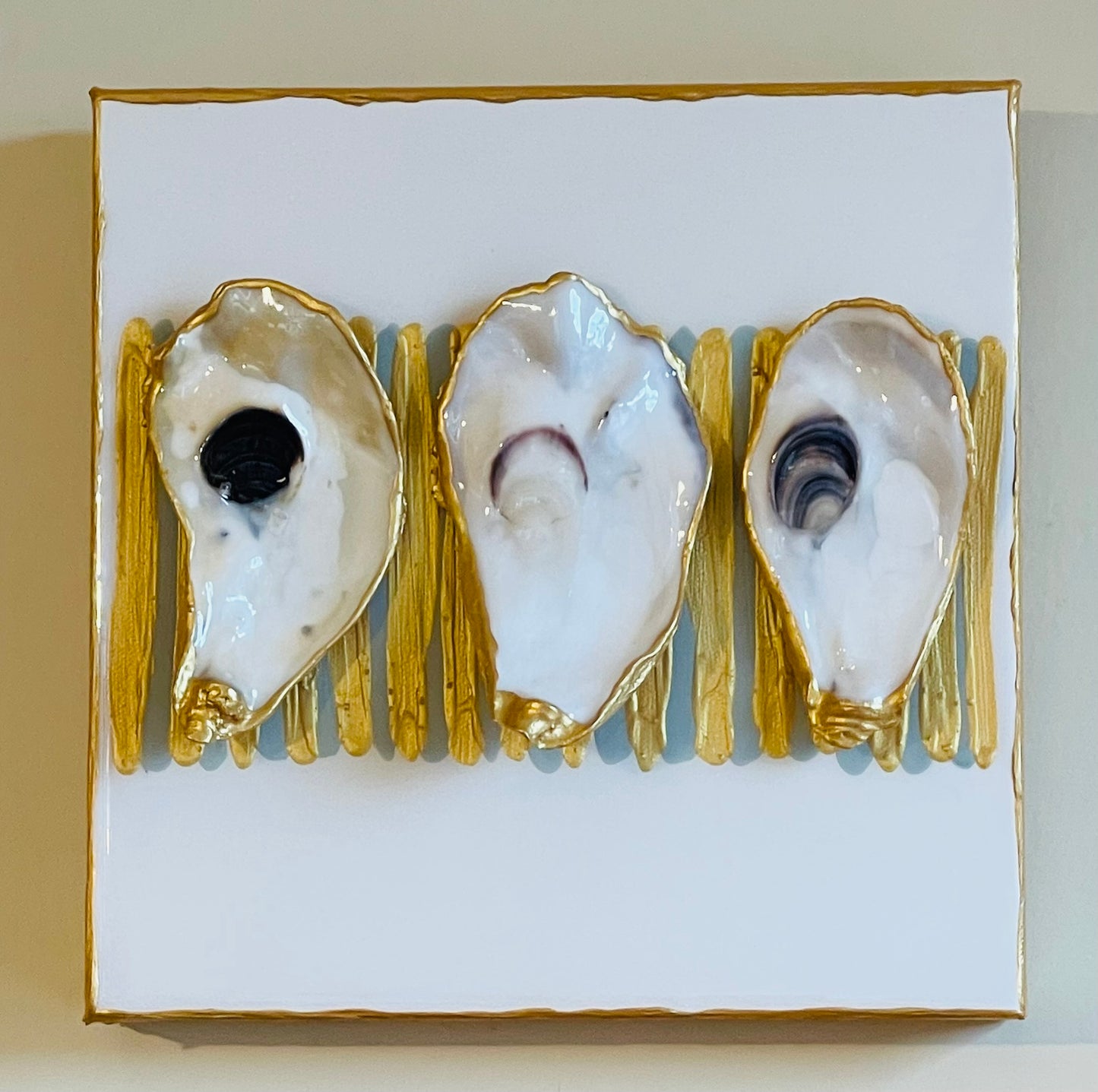 Three Oyster on Duckegg & Gold Strips on 10x10 Canvas