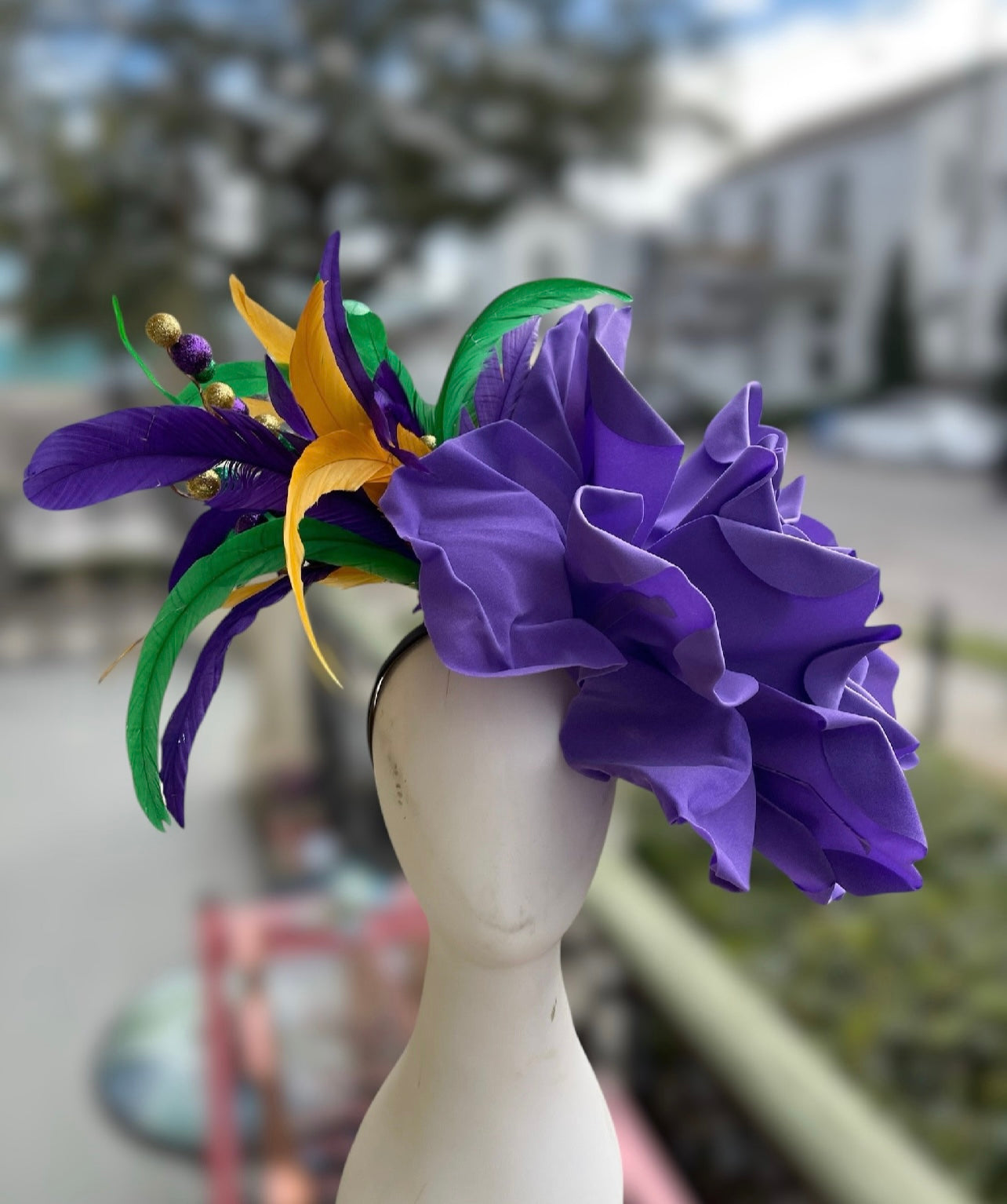 Small Purple Flower with Mardi Gras Feathers & Extras