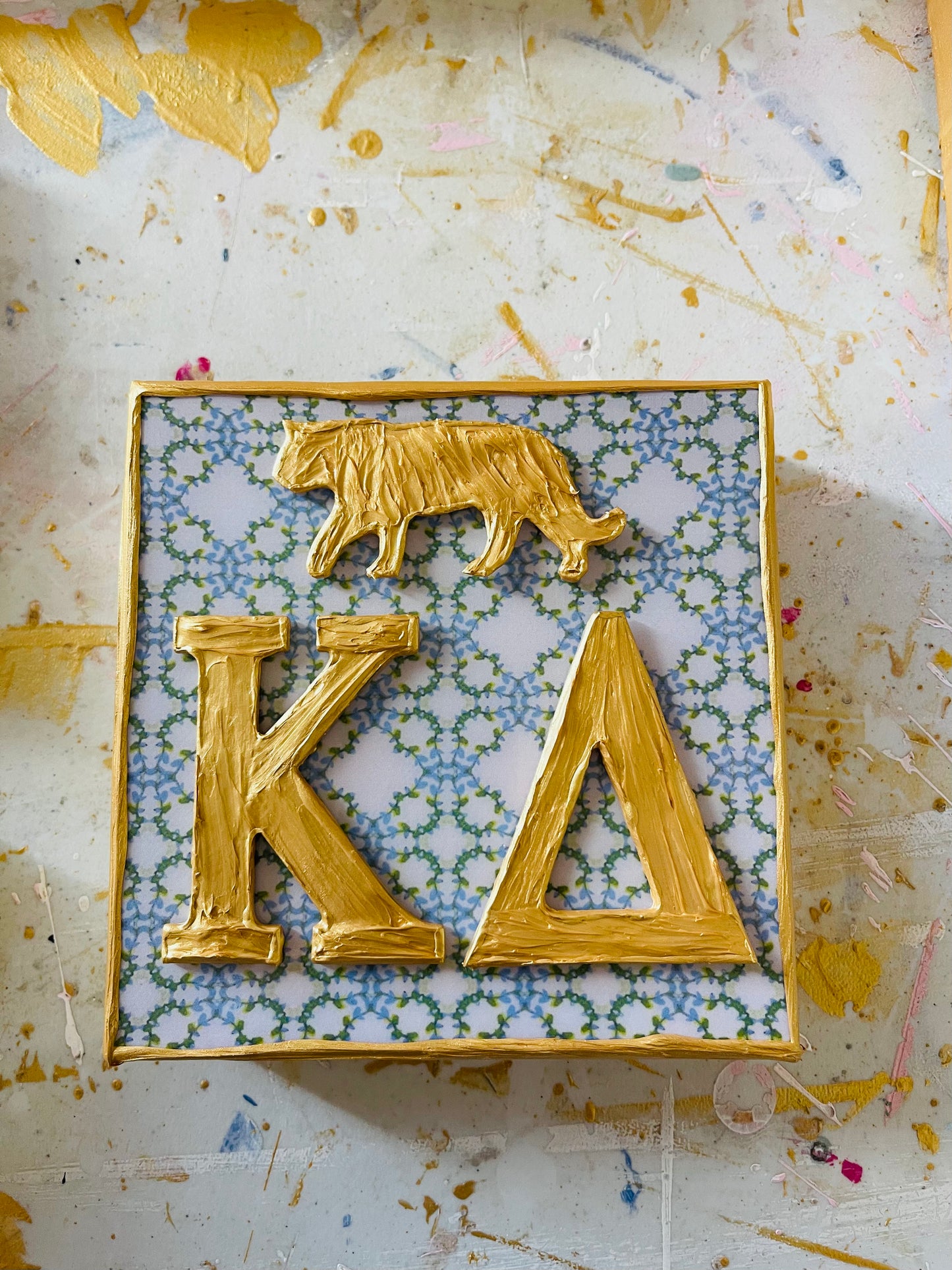 Kappa Delta with Gold Tiger on Green & Blue 6x6 Canvas