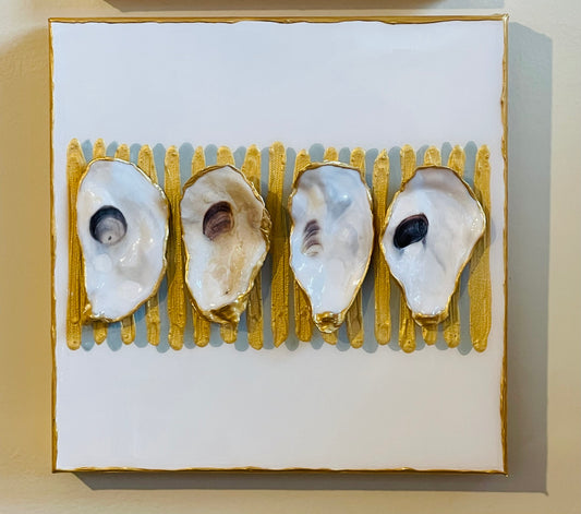 Four Oysters on Duckegg & Gold Strips on 12x12 Canvas