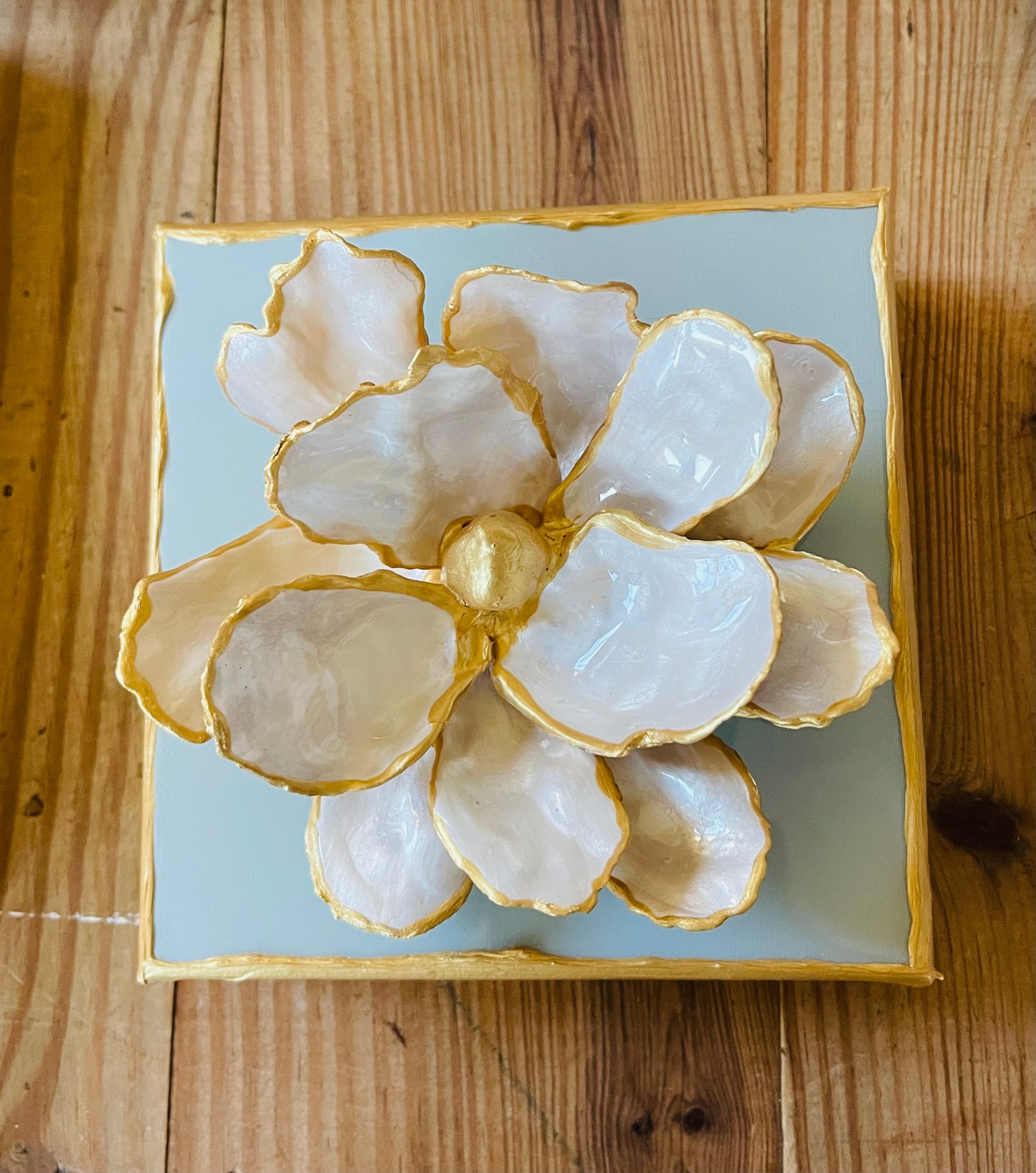 Oyster Magnolia on 6x6 Duckegg Canvas