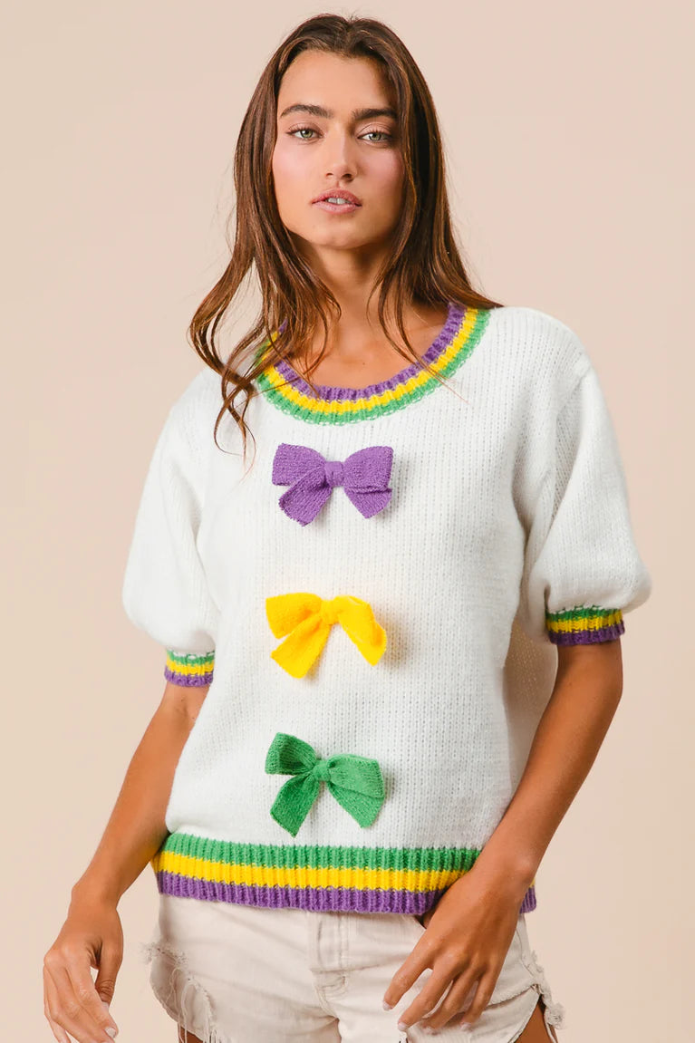 SHORT PUFF SLEEVE RIBBON BOW
MARDI GRAS SWEATER