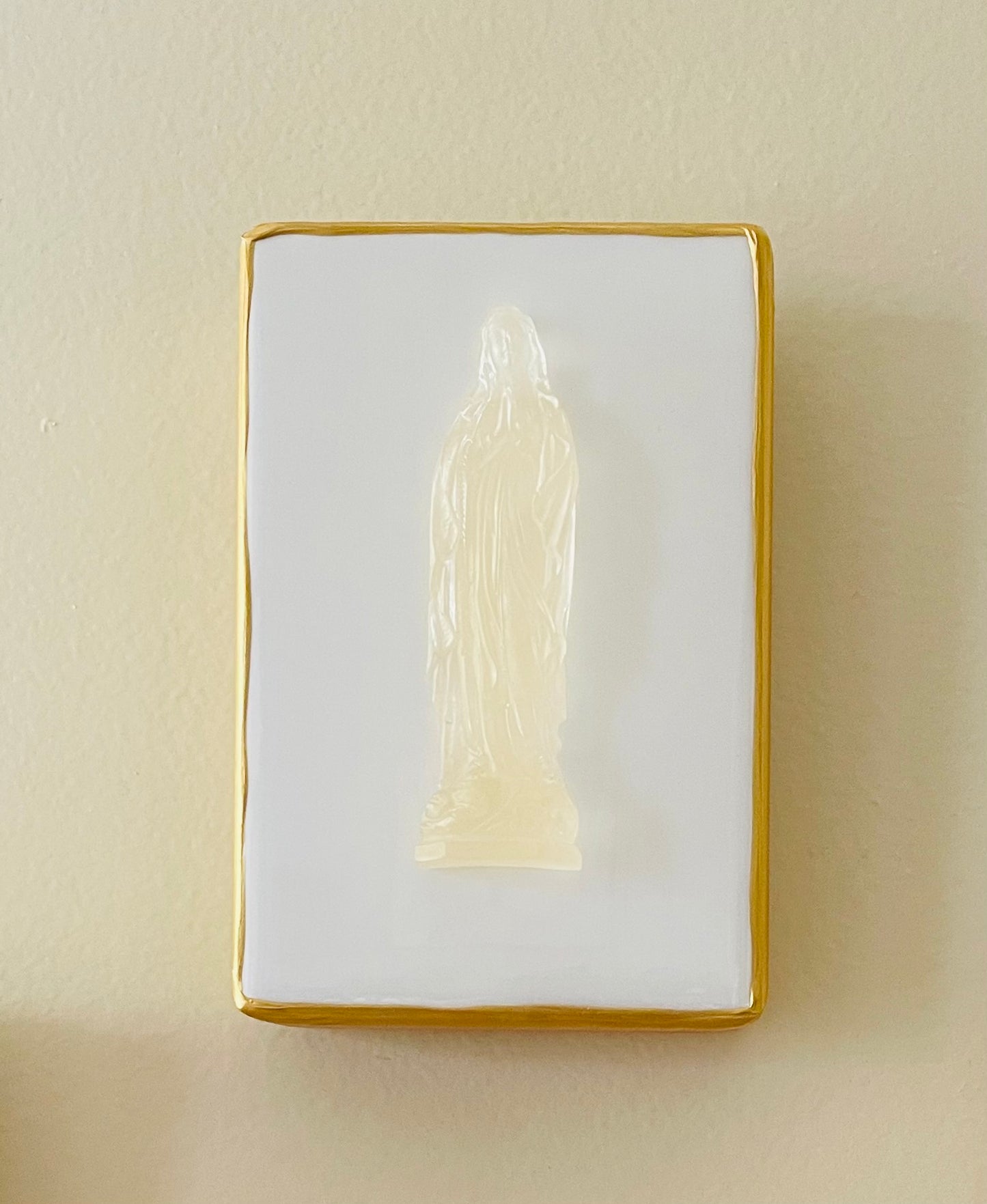 Mother Mary on White Wood Block