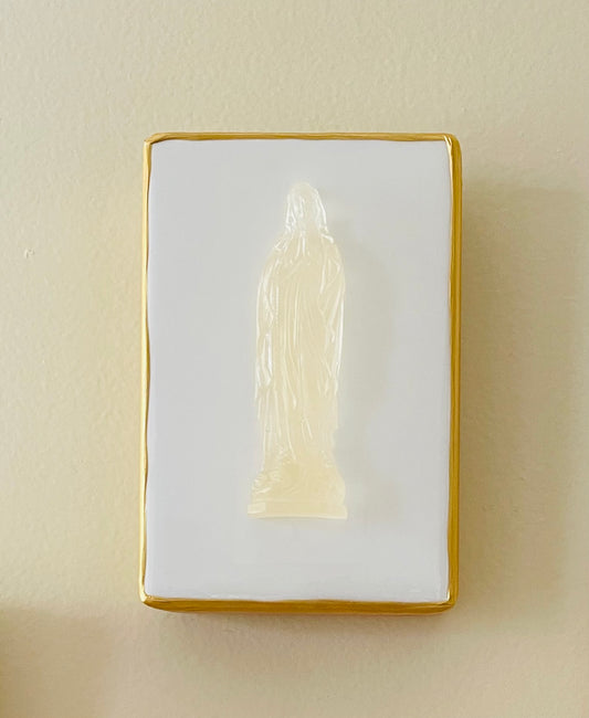 Mother Mary on White Wood Block