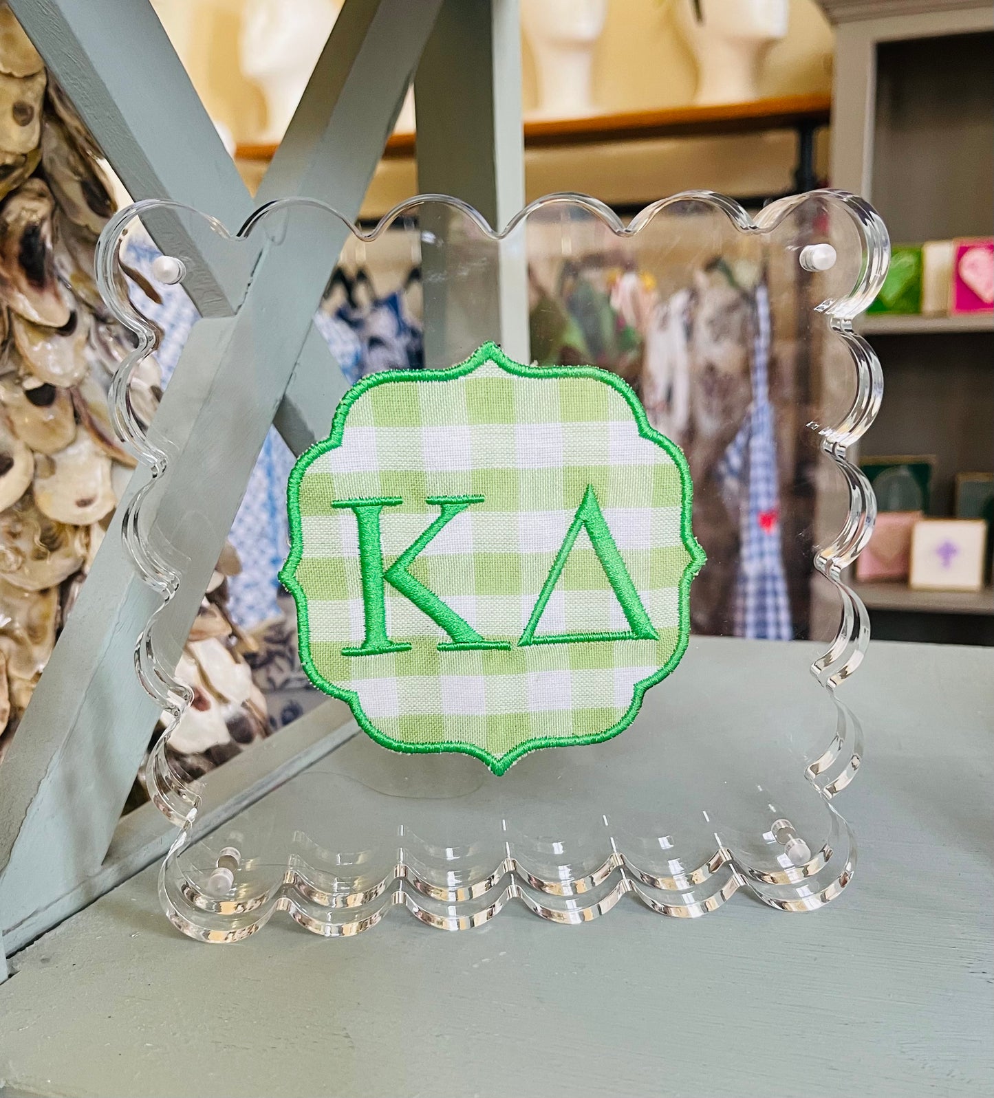 Embroidered Kappa Delta on Green Gingham in Scalloped Frame