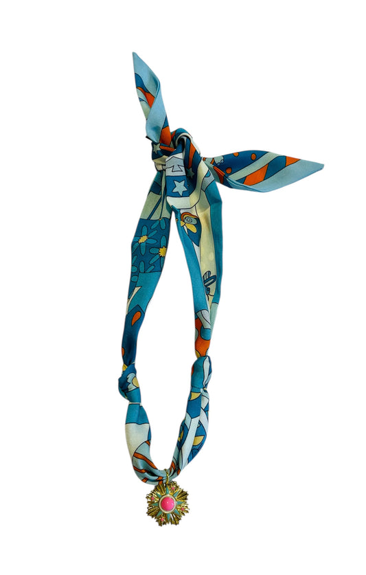 Scarf Charm Necklace on Blue Retro with Gold and Pink Charm