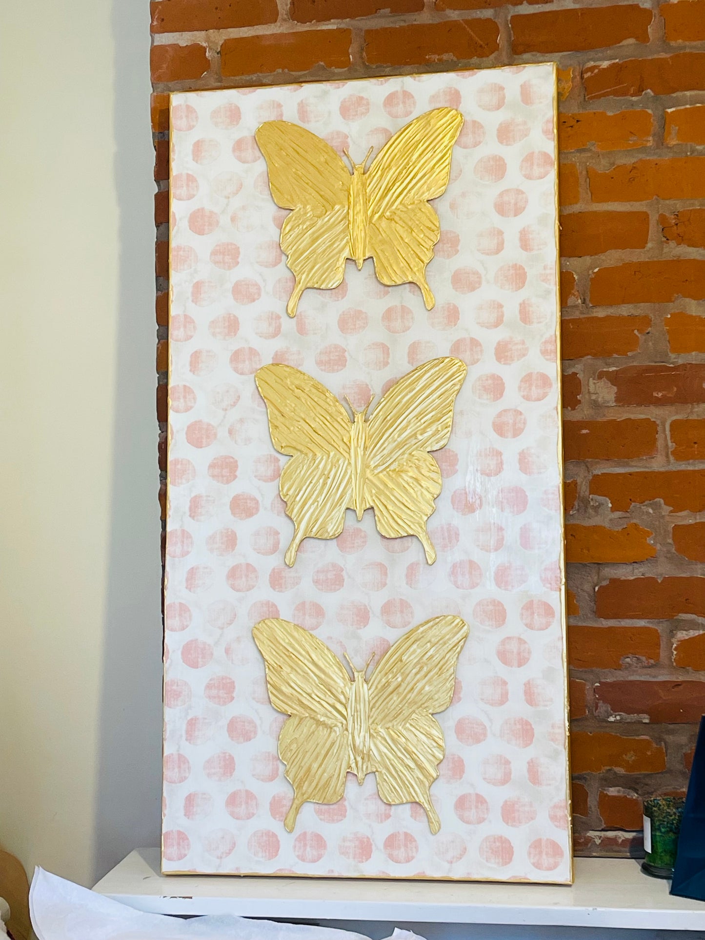 24x48 Canvas Blush Dots with Gold Butterflies