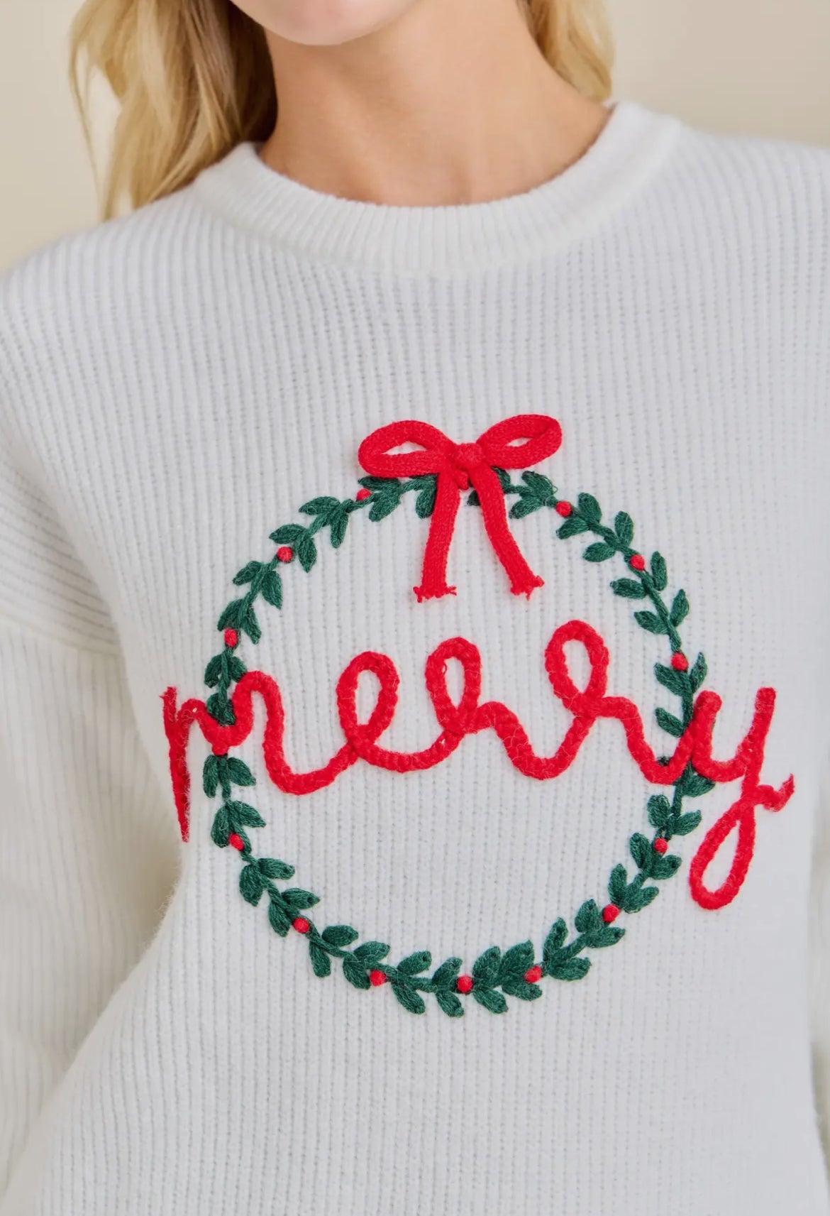 Merry Wreath Knit Sweater with Red Bow - Holiday Pullover
