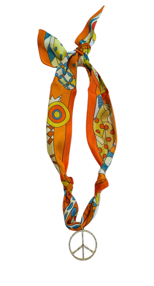 Scarf Charm Necklace with Orange Retro with Rhinestone Peace Sign