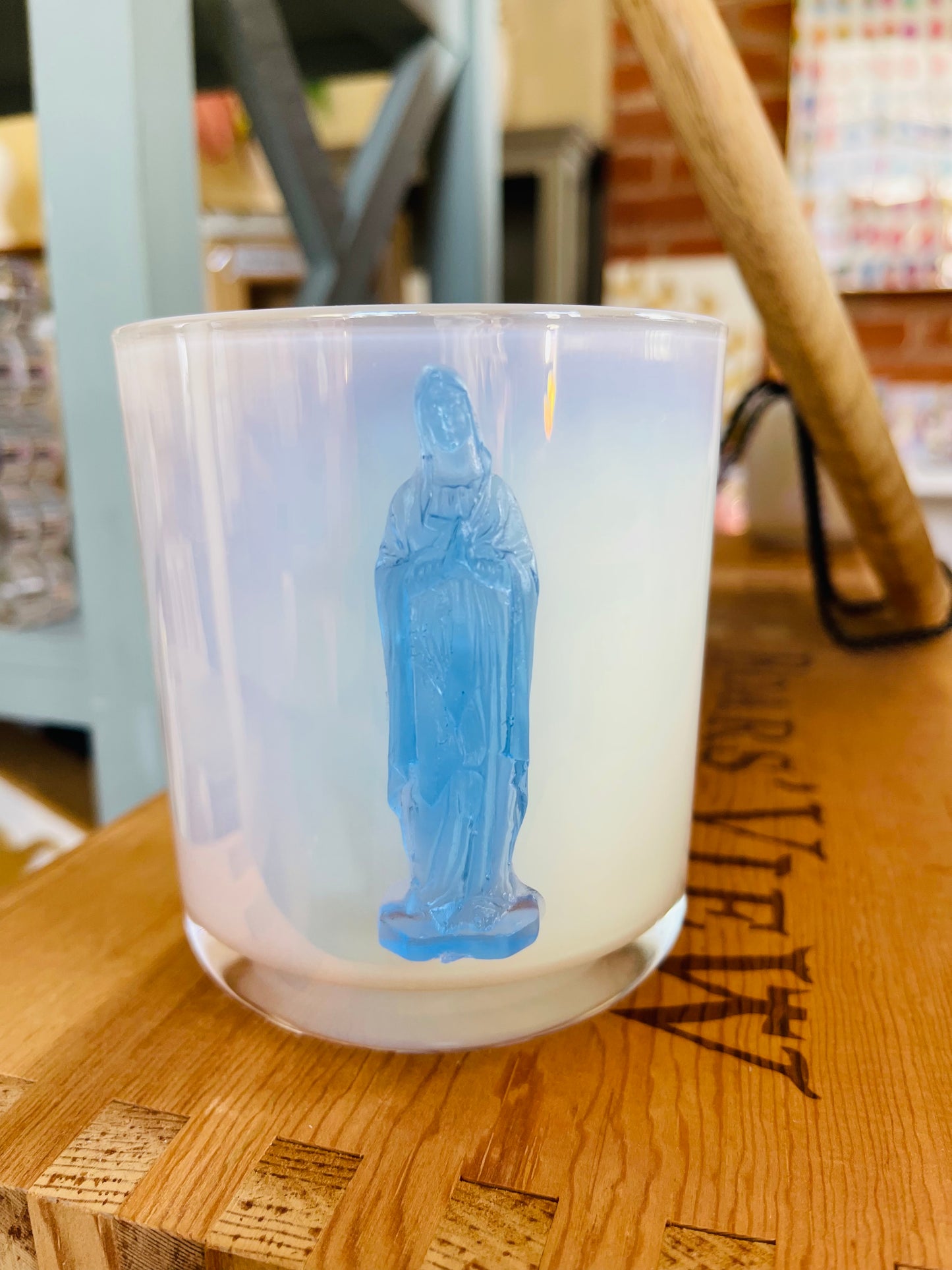 Light Blue Mother Mary - Cathedral / Bella Luxury Candles / White Iridescent Vessel