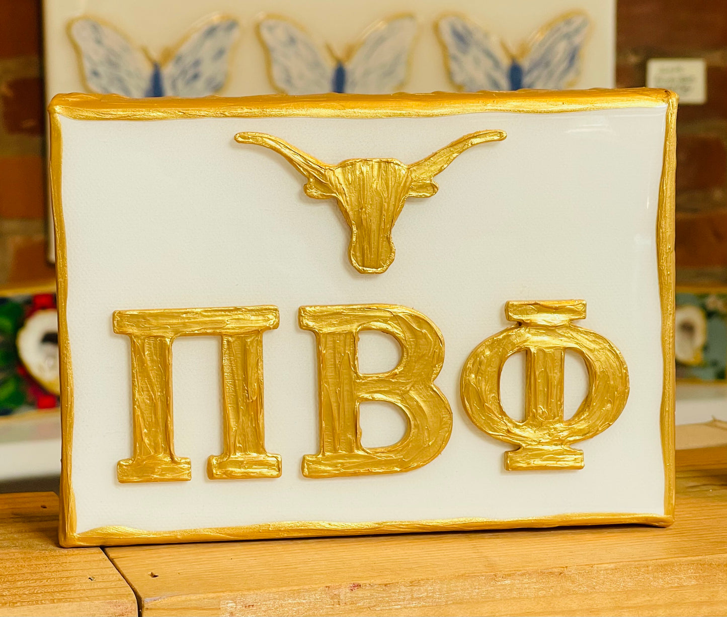 Gold Pi Beta Phi with Longhorn on 5x7 Canvas