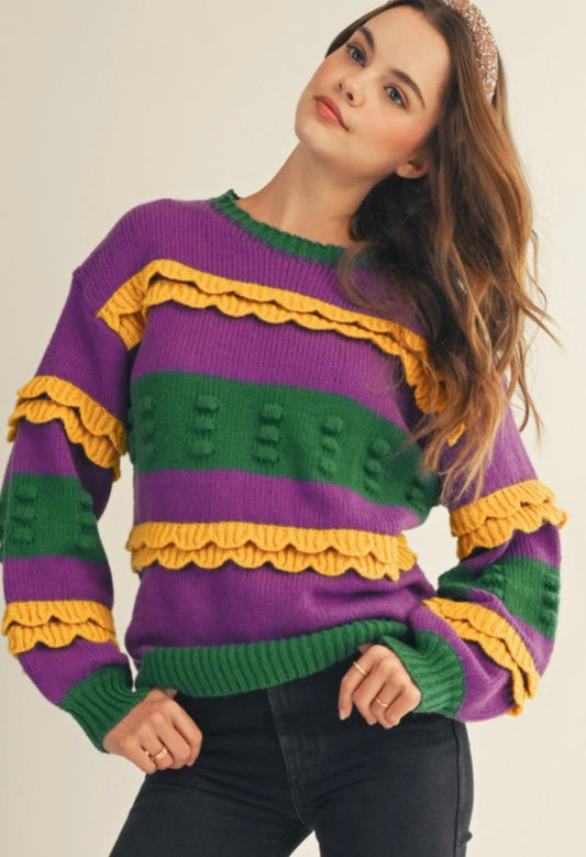 Mardi Gras Ruffled Soft Puff Sweater