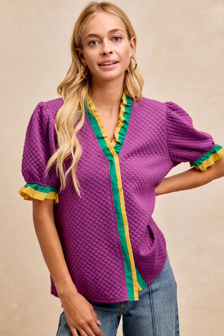 MARDI GRAS WOVEN CONTRAST
RUFFLED PUFF SLEEVES TOP
