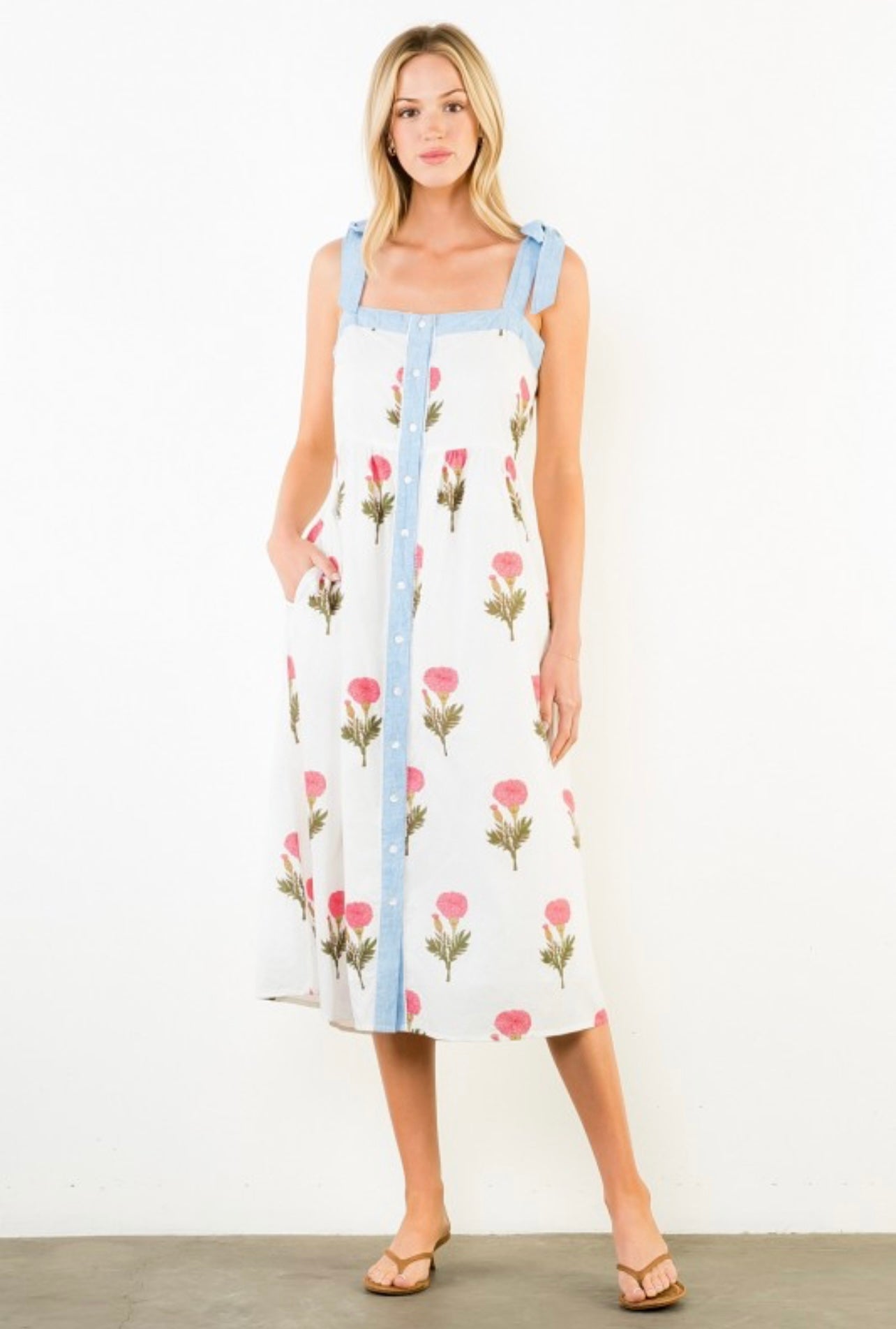 TIE STRAPS FLORAL PATTERN MIDI DRESS