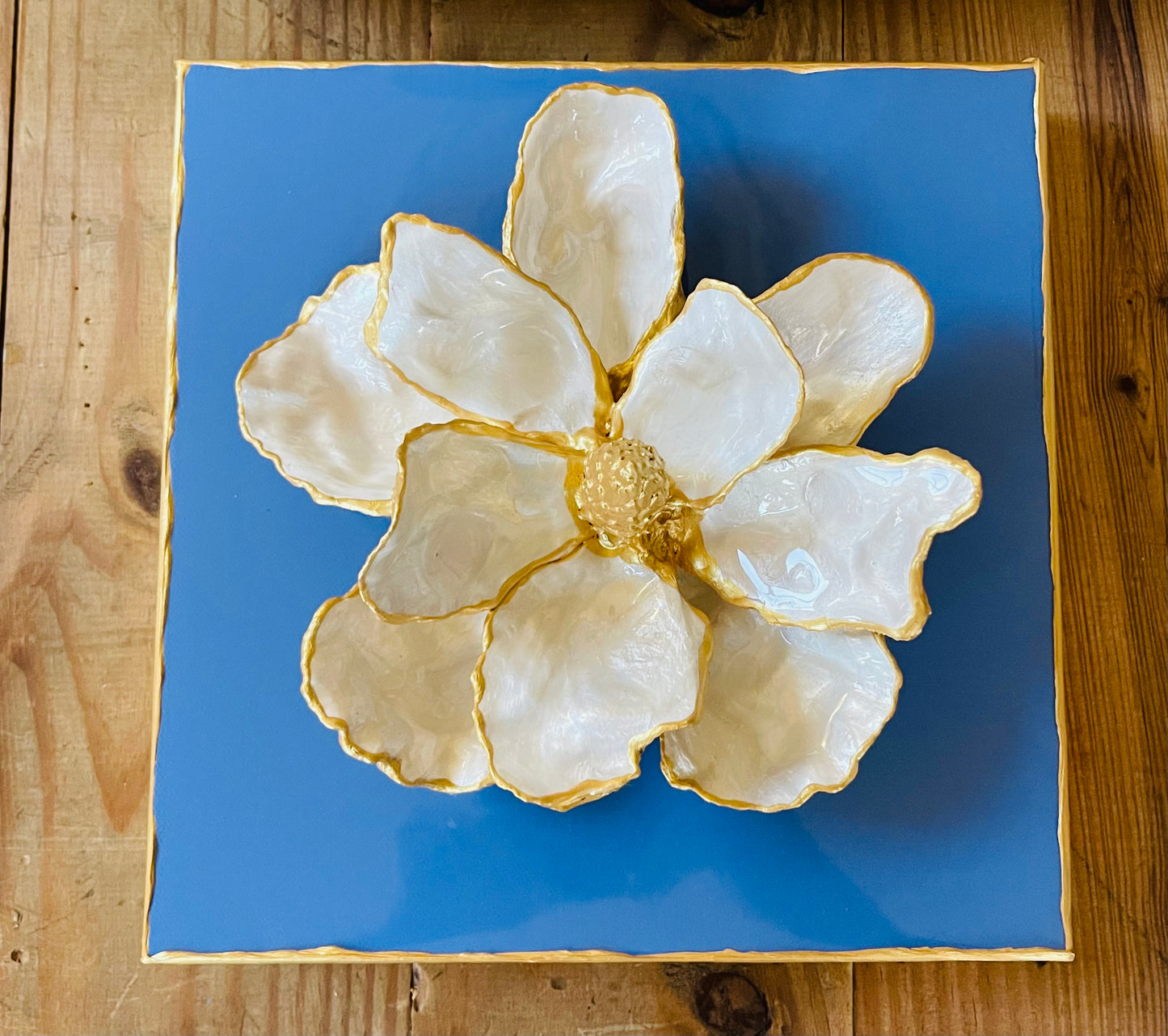 Oyster Magnolia on 10x10 Periwinkle Canvas