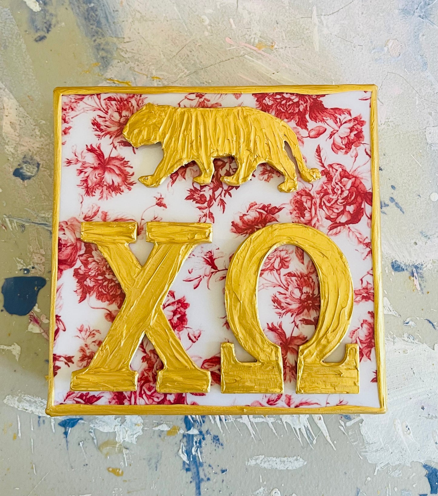 Chi Omega with Tiger on Red Floral