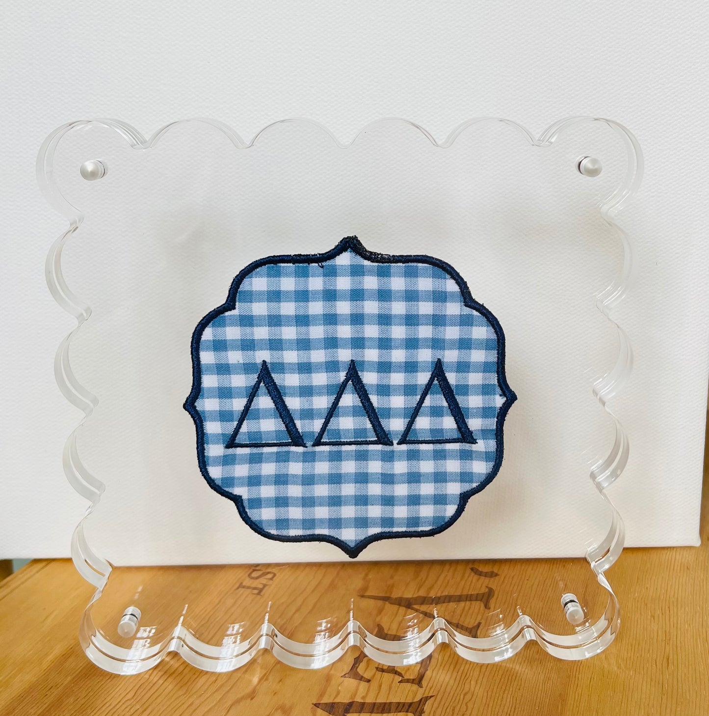 Embroidered Delta Delta Delta on Blue Gingham in Scalloped Acrylic Frame