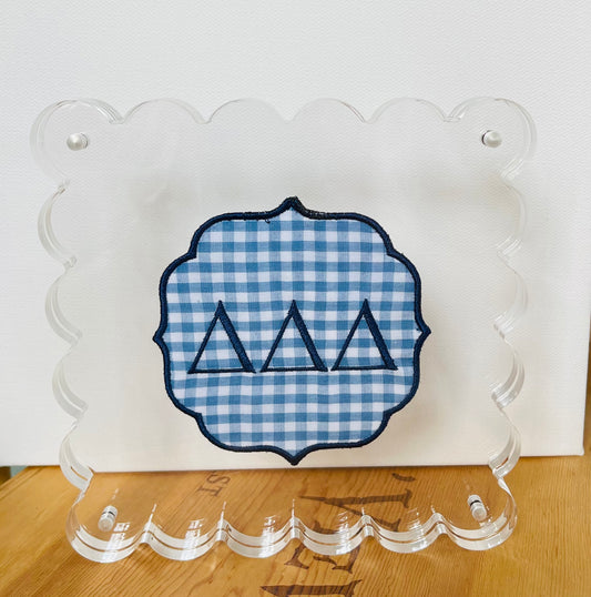 Embroidered Delta Delta Delta on Blue Gingham in Scalloped Acrylic Frame