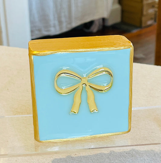 Gold Bow on Pale Blue Wood Block