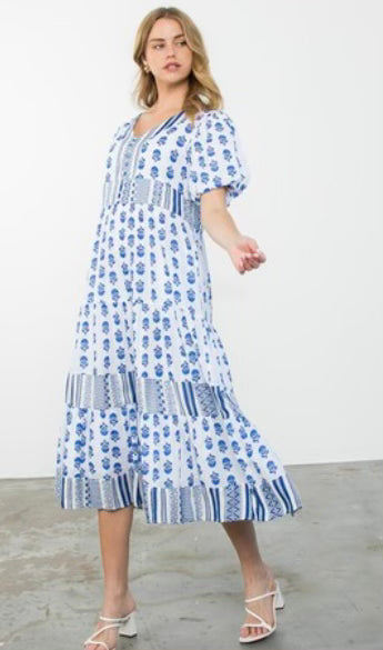 Puff Sleeve Print Midi Dress