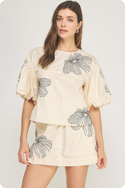 Floral Embroidered Puff Sleeve Top