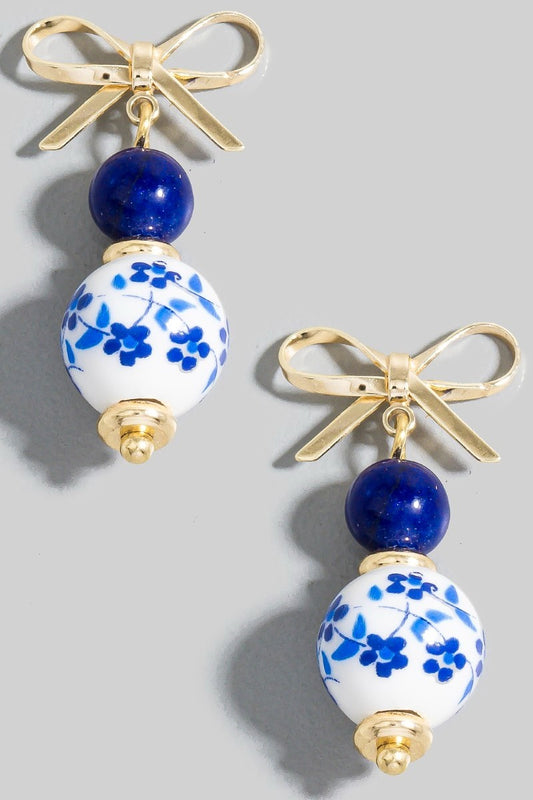 Floral and Ceramic Bow Drop Earrings