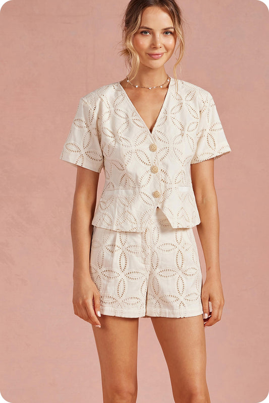 Embroidered Eyelet Short Sleeve Vest