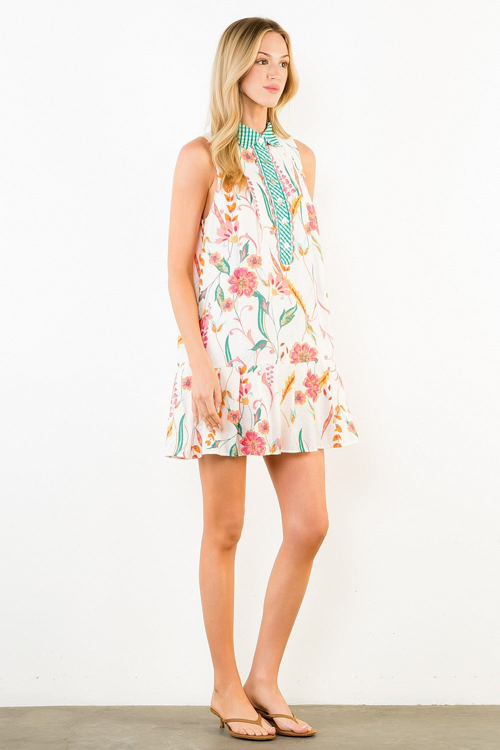 Sleeveless Gingham Collared Floral Dress