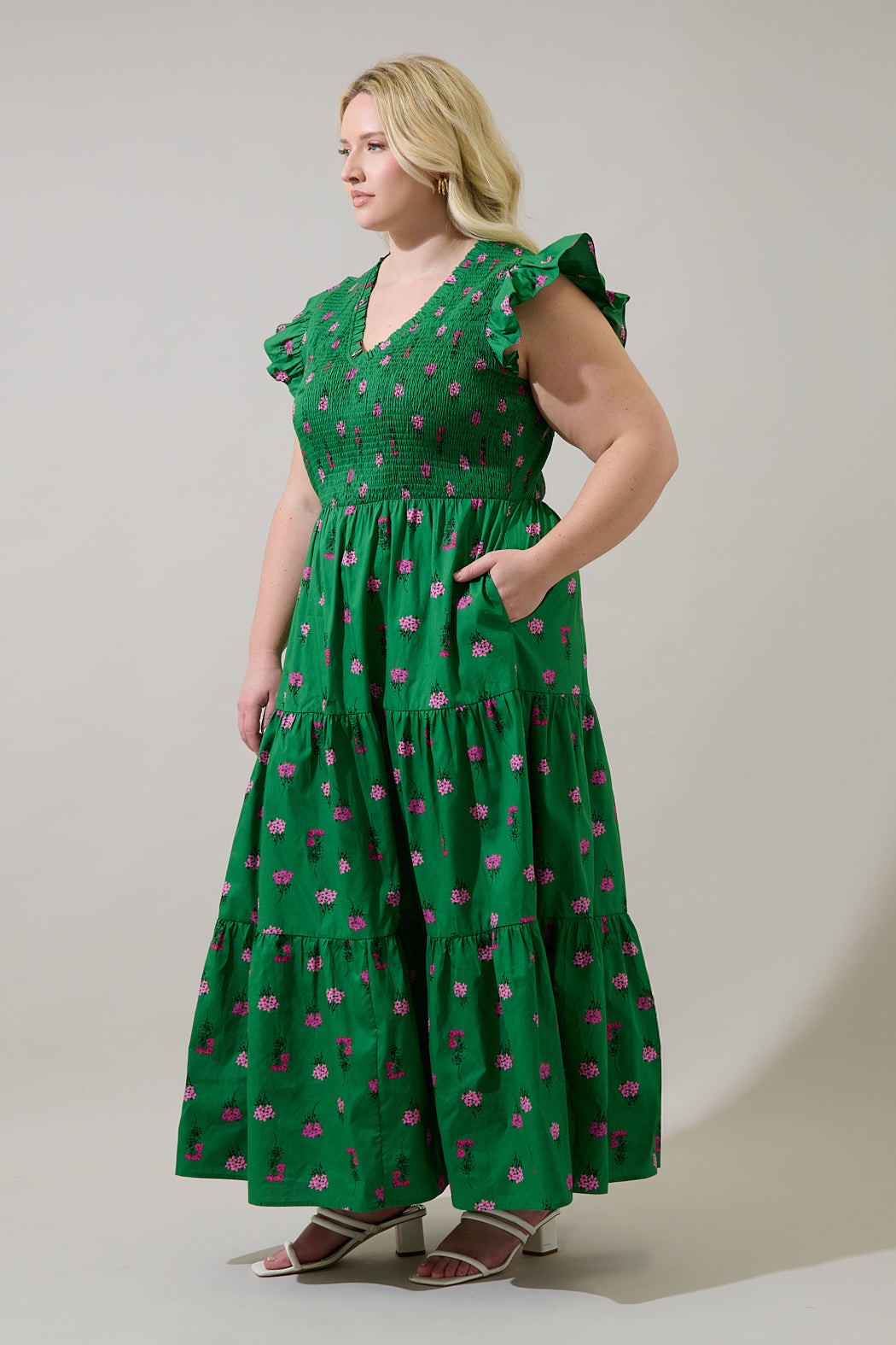 Vivy Floral Sunfire Tiered Midi Dress Curve