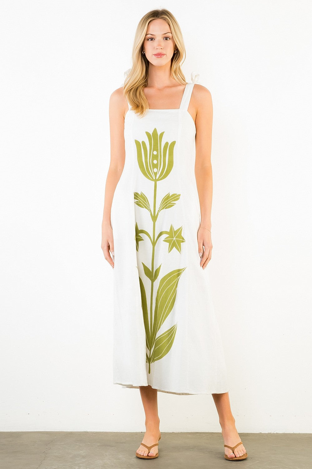 Tie Strap Square Neck Print Midi Dress