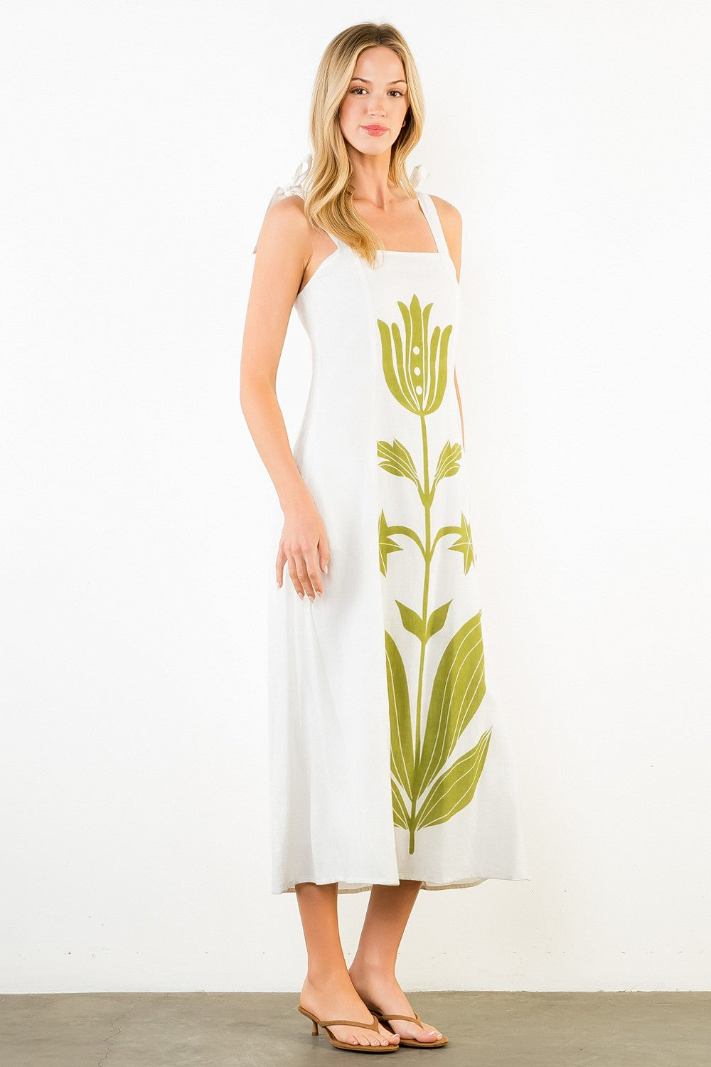 Tie Strap Square Neck Print Midi Dress
