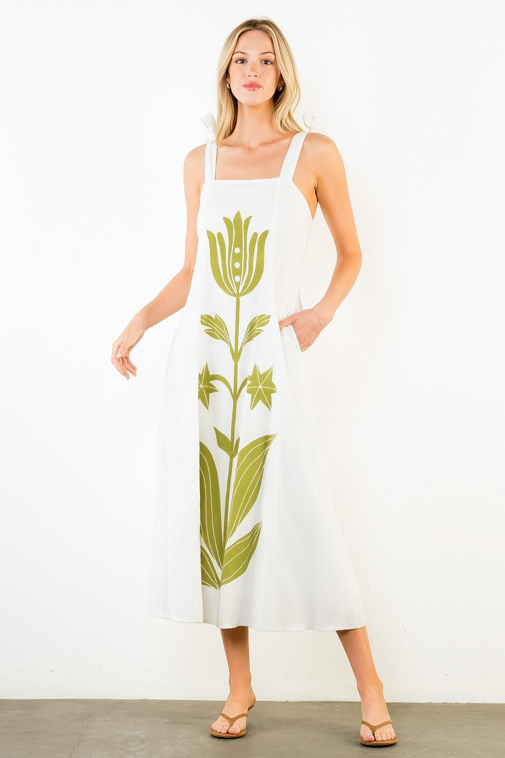 Tie Strap Square Neck Print Midi Dress