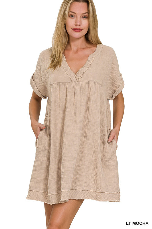 Zenana Washed Double Gauze Raw Edge V-neck Dress main image 1