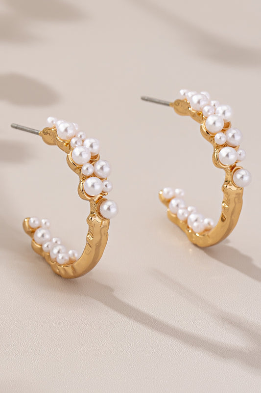 Brass Textured Pearl Hoop Earrings