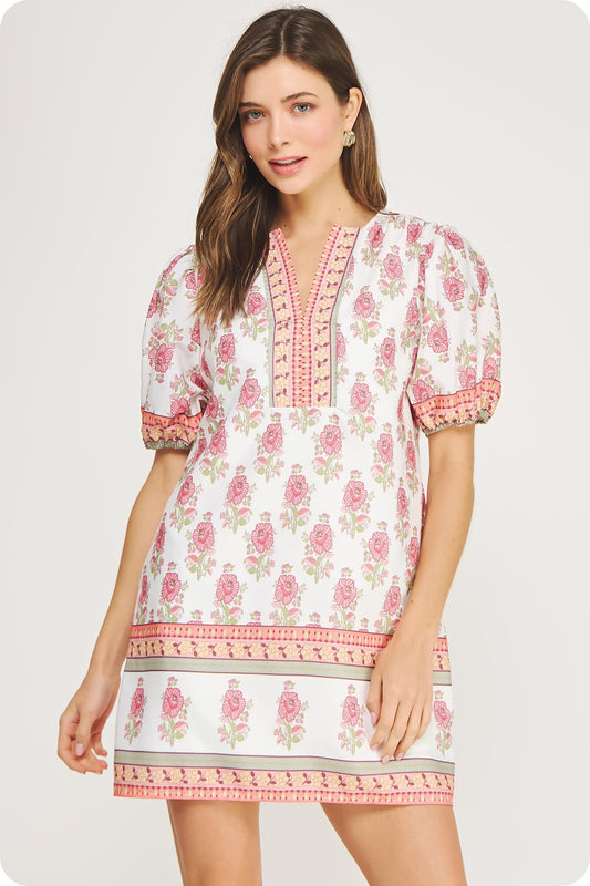 Floral Block Print Poplin Puff Sleeve Dress