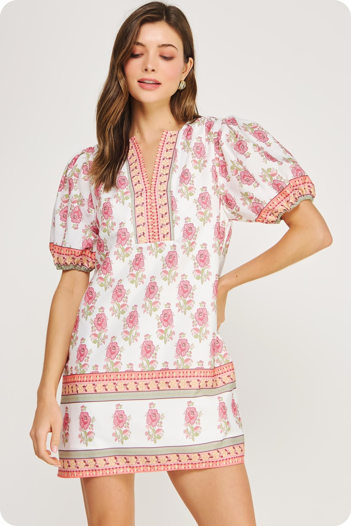 Floral Block Print Poplin Puff Sleeve Dress